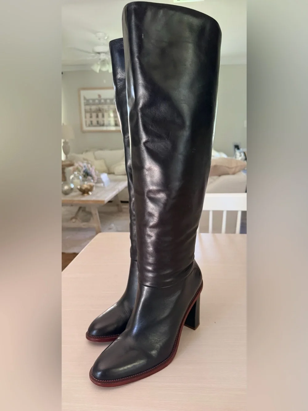 Vince Camuto Black Leather Over-the-Knee Boots with Brown Trim